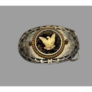 Vintage Western Oval Belt Buckle Gold-Plated Bald Eagle Figurine Centered USA